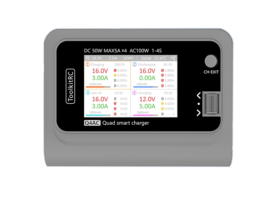 ToolkitRC Q4AC (US Plug) 1~4S 5A 200W AC/DC Quad Balance Charger/Discharger